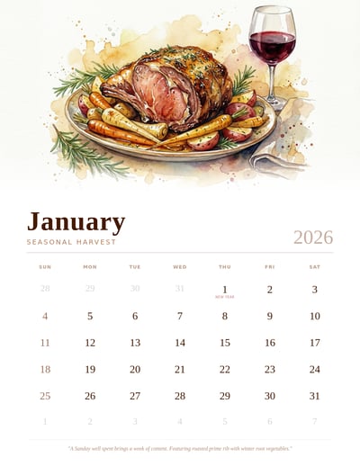 January calendar page with watercolor roast dinner illustration, wine glass, and minimal monthly date grid.