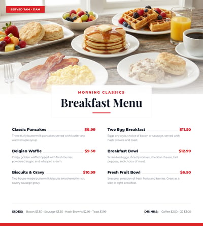 Breakfast menu layout with brunch dishes, item names, prices, and red accent lines on a white page.