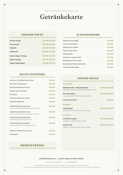 German beverage menu page listing beers, wines, soft drinks, spirits, and prices in a clean white layout.