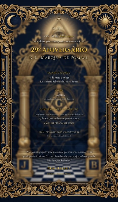 Ornate dark blue and gold anniversary event poster with decorative arch frame, formal title text, ceremonial symbols, and rich gold flourishes.