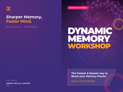Purple Dynamic Memory Workshop book cover spread with colorful brain illustration, bold title text, educational tagline, back cover description, and barcode area.