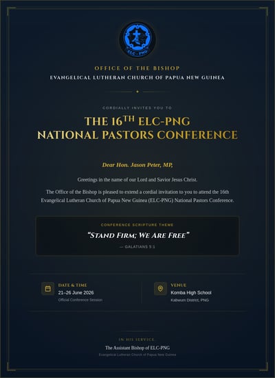 Formal navy and gold ELC-PNG National Pastors Conference invitation card with church logo, scripture theme, date, venue, and bishop office text.