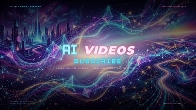 Futuristic digital banner with neon skyscrapers, glowing geometric data networks, and bold text reading AI VIDEOS and SUBSCRIBE.