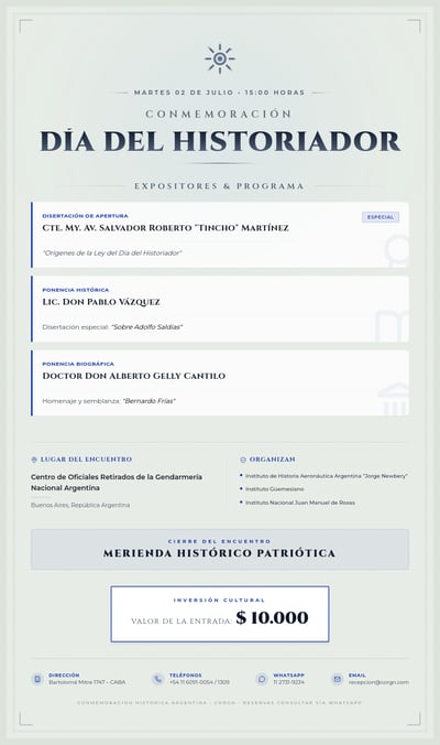 Formal event flyer for Día del Historiador with a soft green background, navy blue serif text, and white program blocks listing speakers and