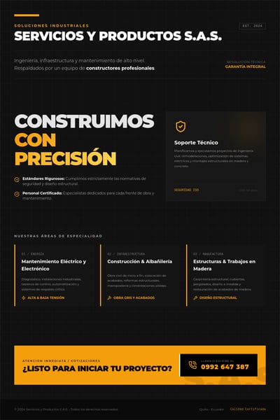 Dark industrial flyer with bold white and yellow text, featuring sections for engineering services and a yellow contact footer.