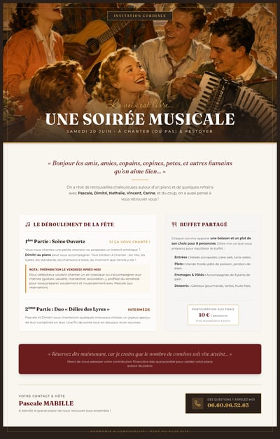 A vertical flyer with a vintage illustration of people singing and playing instruments at the top, followed by event details in French on a