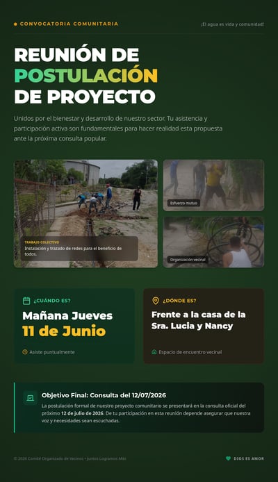 Dark green community flyer with bold text announcing a project meeting, featuring photos of people working together and clear event details.