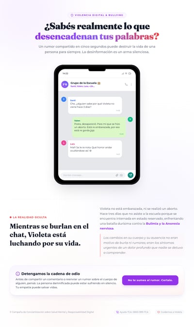 Spanish cyberbullying awareness page with a light background, school chat mockup, serif headlines, and an anti-rumor message about eating