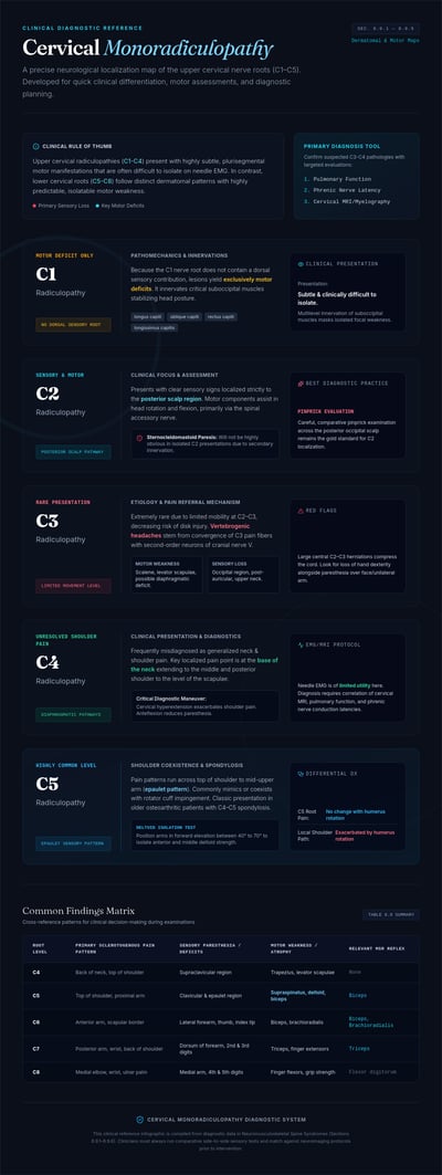 Dark clinical reference infographic for cervical monoradiculopathy, with color-coded C1–C5 cards, diagnostic notes, and a C4–C8 findings