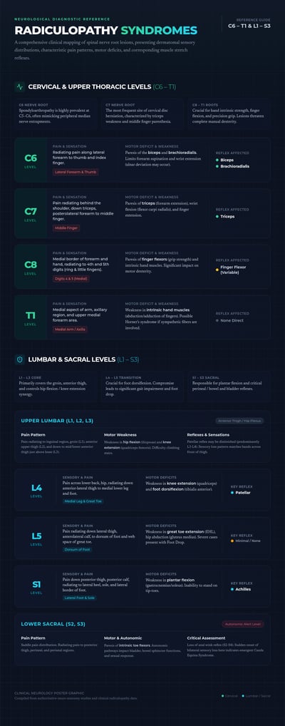 Dark navy clinical infographic mapping C6–T1 and L1–S3 radiculopathy patterns, motor deficits, sensory regions, and reflexes in structured