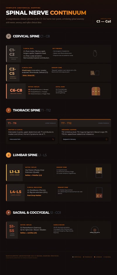 dark clinical infographic maps C1–Co1 spinal nerve levels with motor, sensory, reflex, and anatomical notes across a warm gradient layout