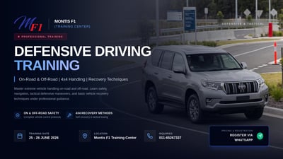 Wide defensive driving training banner with a silver SUV on a road course, Montis F1 Training Center branding, June 2026 dates, location, phone inquiry, and WhatsApp registration button.
