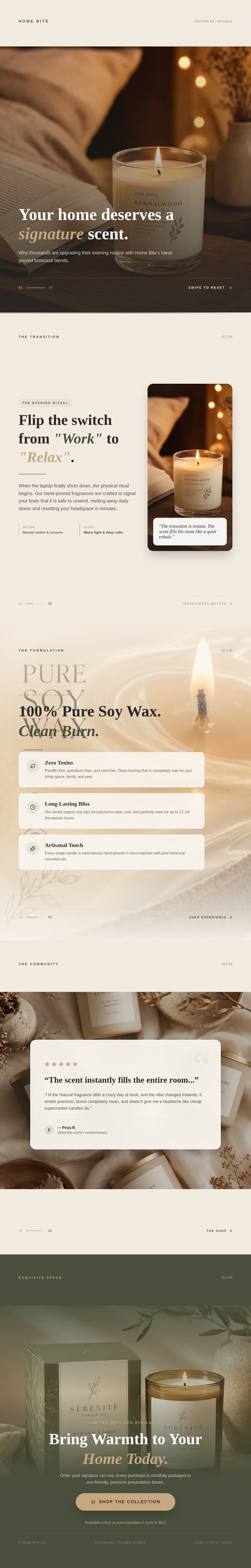 A vertical social media carousel with five slides showing a lit candle, product benefits of soy wax, a customer review, and a shop now call