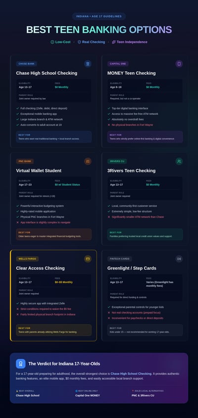 A dark-themed infographic titled 'Best Teen Banking Options' featuring six comparison cards for different banks, each with icons, bulleted l
