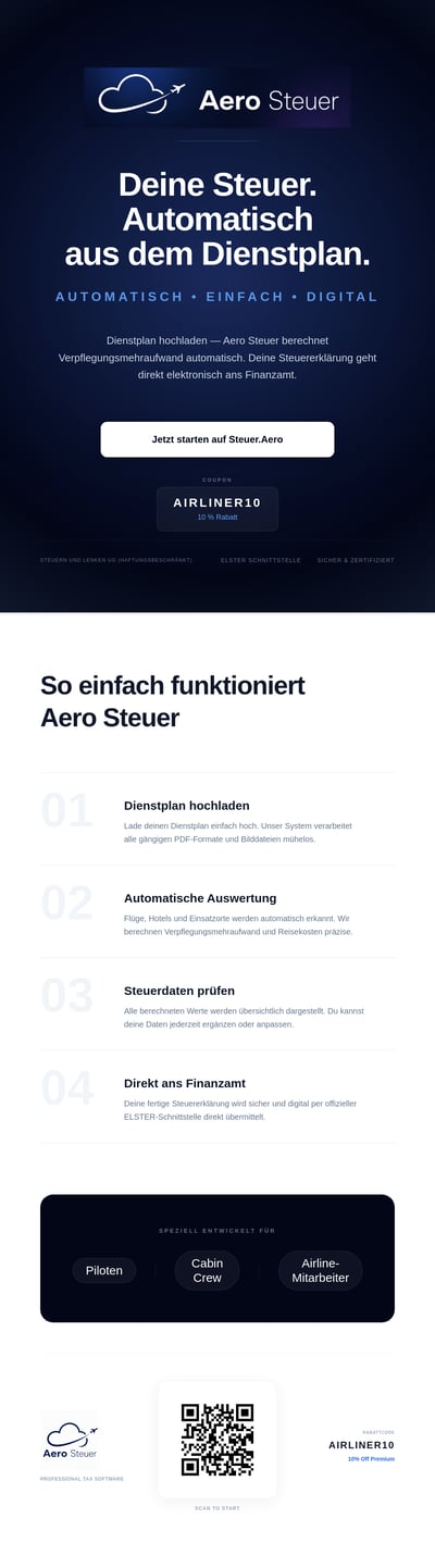 German Aero Steuer tax software landing page with dark hero, coupon CTA, four-step process section, audience chips, QR code, and discount.