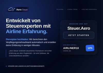 Dark blue Aero Steuer landing page banner with German tax service headline, airline audience labels, start button, and AIRLINER10 coupon card.