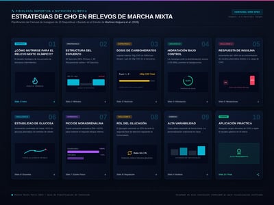 Dark Spanish sports nutrition carousel grid with ten slide cards, race strategy headings, data charts, and hydration notes.