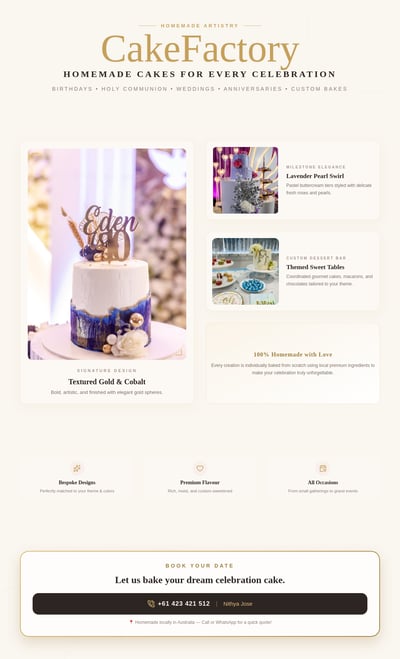 Cream bakery portfolio poster with CakeFactory title, celebration cake photos, gold accents, service highlights, and booking contact.