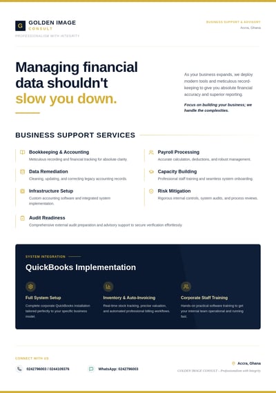 Navy-and-gold corporate services flyer with service icons, bullet points, and a dark call-to-action footer.