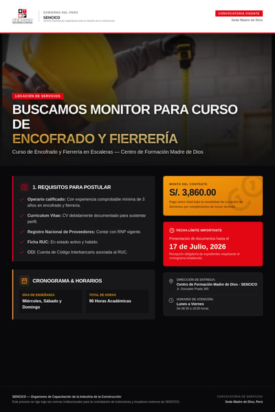 Spanish construction training recruitment flyer with a hard-hat worker, requirements, schedule, payment, and red deadline panel.