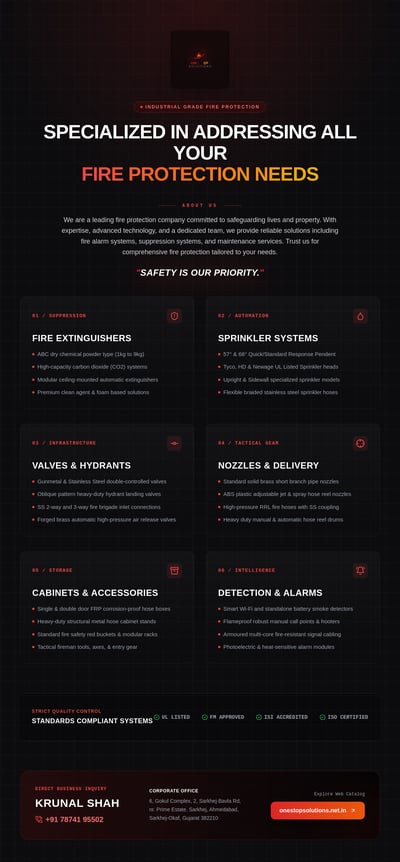 Dark industrial fire-protection catalog with six numbered service cards, red icons, certifications, and contact details.
