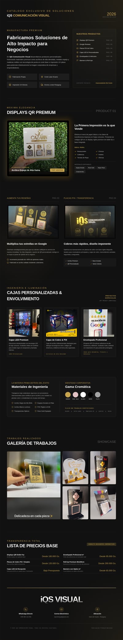 Dark acrylic signage catalog with gold typography, QR payment displays, LED boxes, and product photos.