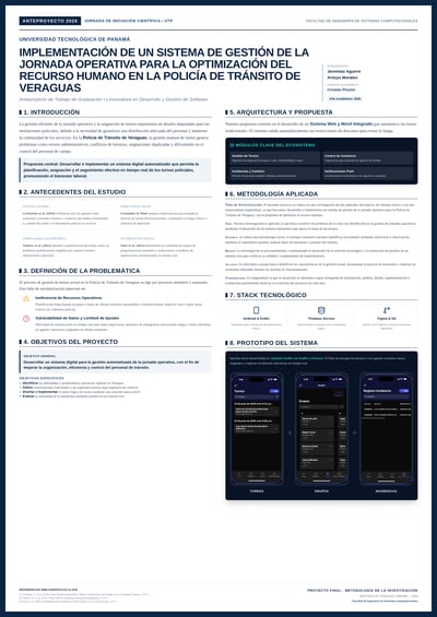 Software engineering poster with methodology, technology-stack icons, and mobile app prototype screenshots.