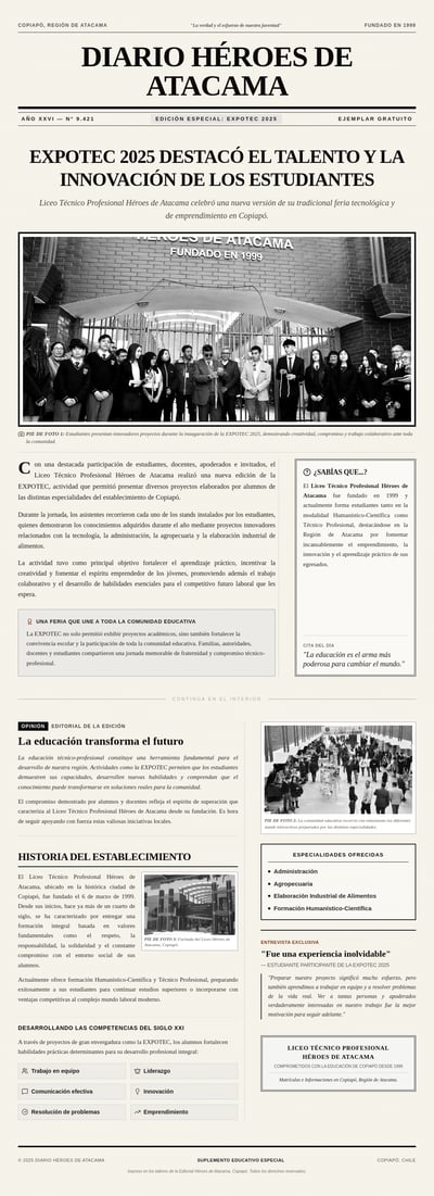 Vintage Spanish school newspaper with a classic masthead, student technology-fair photos, columns, interviews, and sidebars.