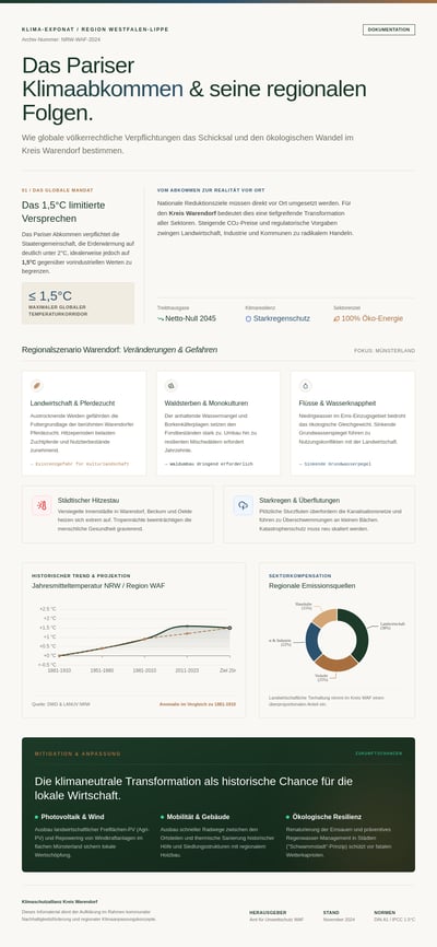 German climate infographic poster about the Paris Agreement and Warendorf, with charts, regional risks, and renewable-energy icons.