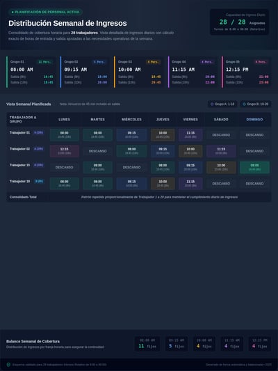 Spanish staff scheduling dashboard with color-coded entry times, a weekly grid, and dark-mode HR reporting cards.