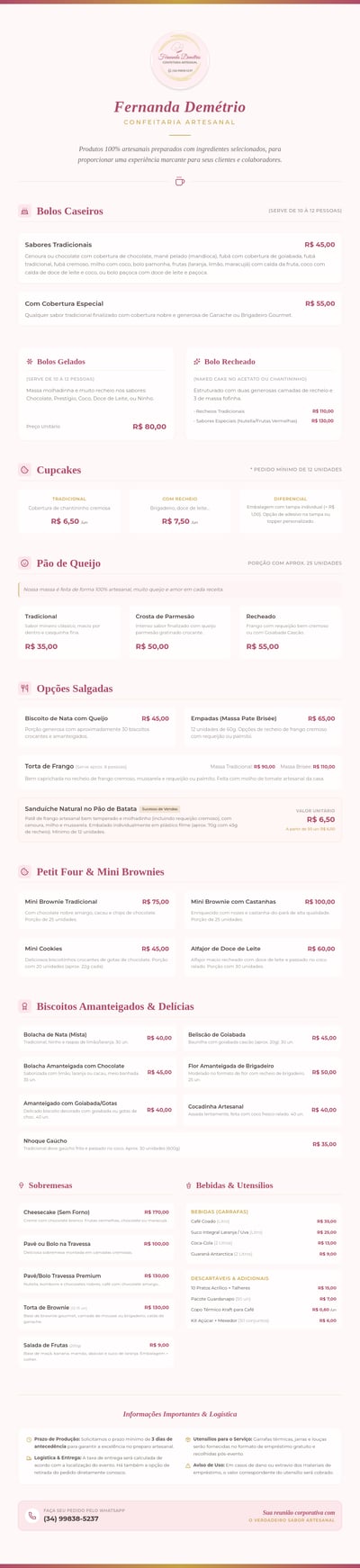 Long Portuguese bakery menu with cake, cupcake, cheese-bread, savory, and dessert sections in pink and gold.