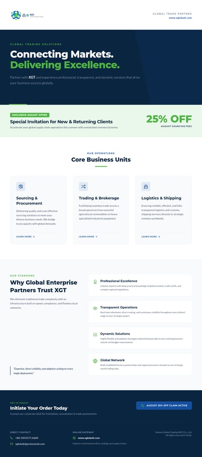 Corporate B2B landing page for sourcing, trading, and logistics services with navy, green, and white service cards.