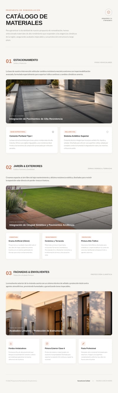 Spanish construction materials catalog with parking, garden, facade, photos, specifications, and muted-orange accents.