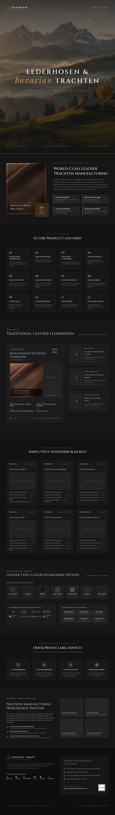 Luxury Bavarian Lederhosen catalog with dark editorial pages, leather swatches, product sections, and OEM services.