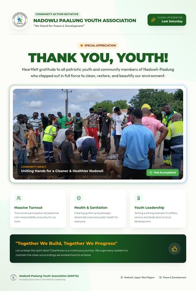 Green community clean-up appreciation flyer with an event photo, impact cards, and a thank-you message.