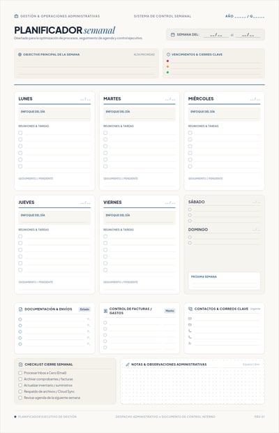 Spanish weekly planner with weekday task columns, deadline row, invoice control, and office notes.