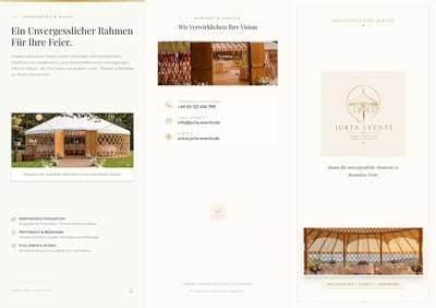 Cream and gold tri-fold event brochure with yurt photography, refined typography, and contact details.