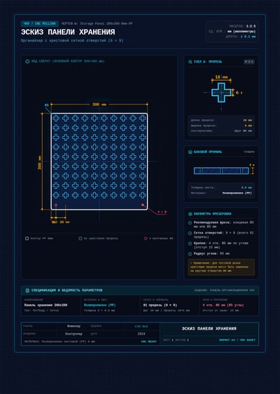 Blue CNC blueprint of a 300 mm storage panel with a 9×9 slot grid, dimensions, and mounting holes.