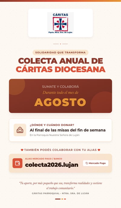 Terracotta and cream charity collection flyer with Cáritas Diocesana headline and donation details.