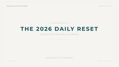 Minimal cream executive planner cover with emerald title, sage subtitle, thin border, and editable stationery microcopy.