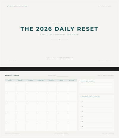 Cream-and-teal executive planner cover beside an undated monthly calendar with focus and deadline panels.
