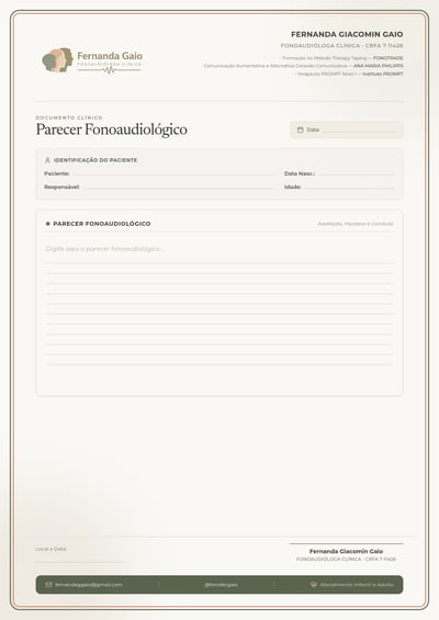 Portuguese speech-language pathology report with patient fields, ruled assessment area, signature line, and terracotta border.