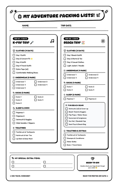 Printable kids packing worksheet with side-by-side K-pop and beach trip checklists and extra-item boxes.