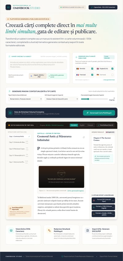 Romanian multilingual book generator dashboard with setup cards, chapter editor, parallel translation, and export buttons.