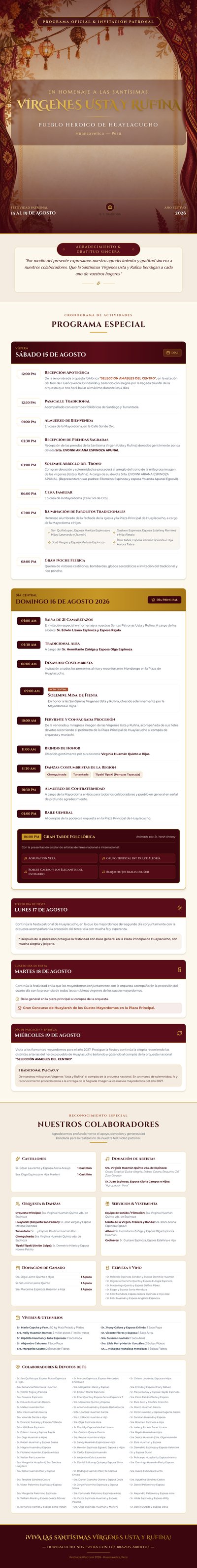 Spanish Usta and Rufina festival booklet with burgundy textile borders, gold headings, schedules, processions, and collaborator credits.