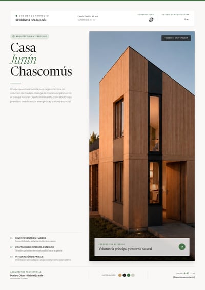 Casa Junín architecture cover with wood-clad house photo, equal partner logos, serif title, and white editorial layout.