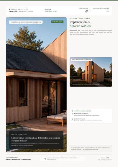 Casa Junín architecture dossier with timber-clad house, landscape photos, bioclimatic card, and dark roof.