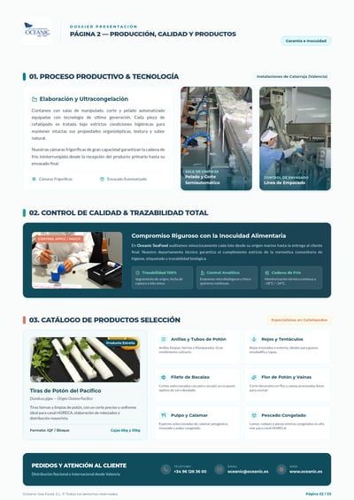 Spanish seafood brochure with production photos, HACCP controls, and a product catalog
