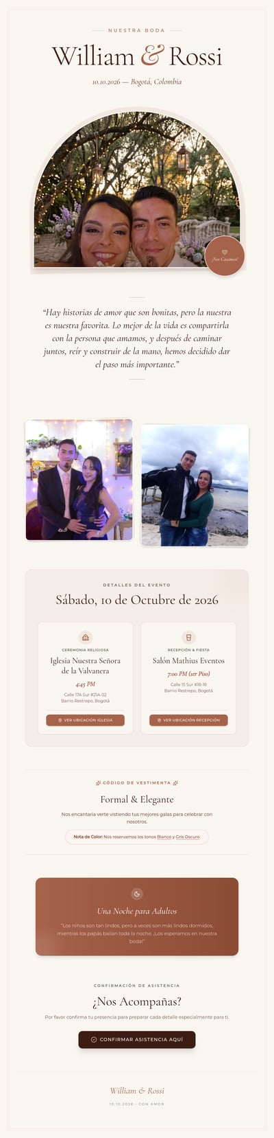 Spanish wedding invitation with garden portraits, event details, map buttons, and RSVP