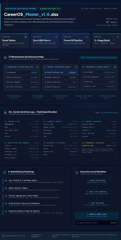 CareerOS Excel architecture map with 17 worksheets, activity-log fields, and a build roadmap
